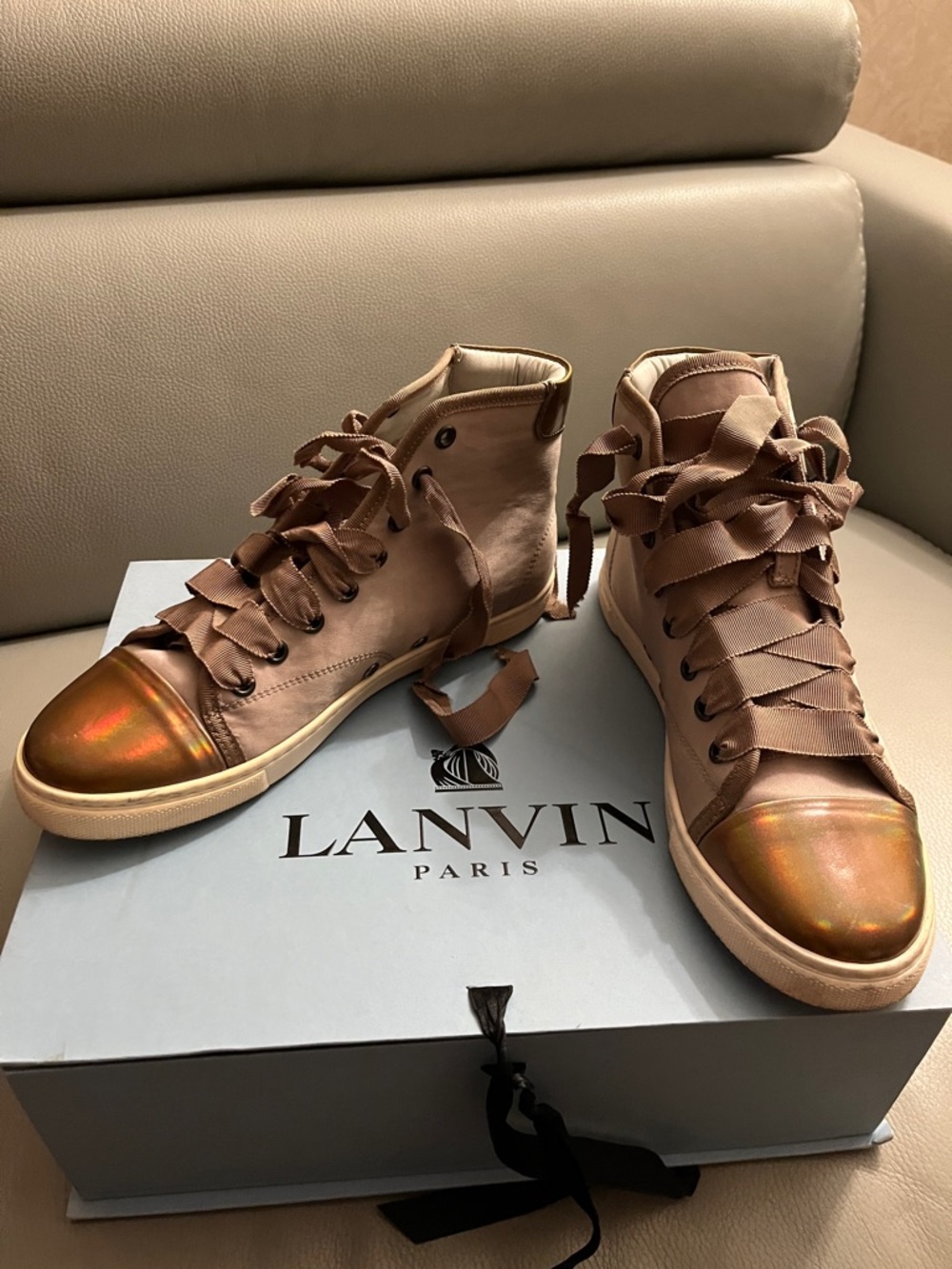 Lanvin Women's Iridescent Bronze Satin High-Top Sneakers